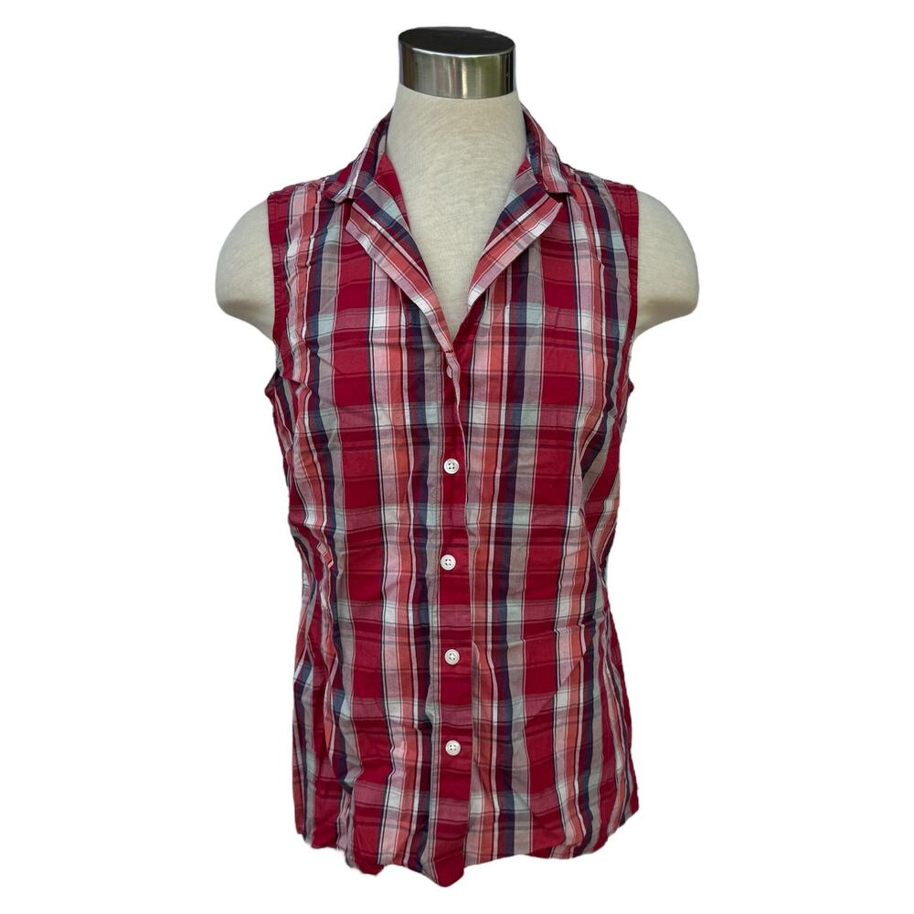 Talbots Red Blue & Tan Plaid Sleeveless Button-Up Top Size Small
